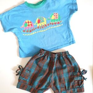 Vintage Rainbow Elephants Tee + Blue Plaid Shorts SET / 12-18M